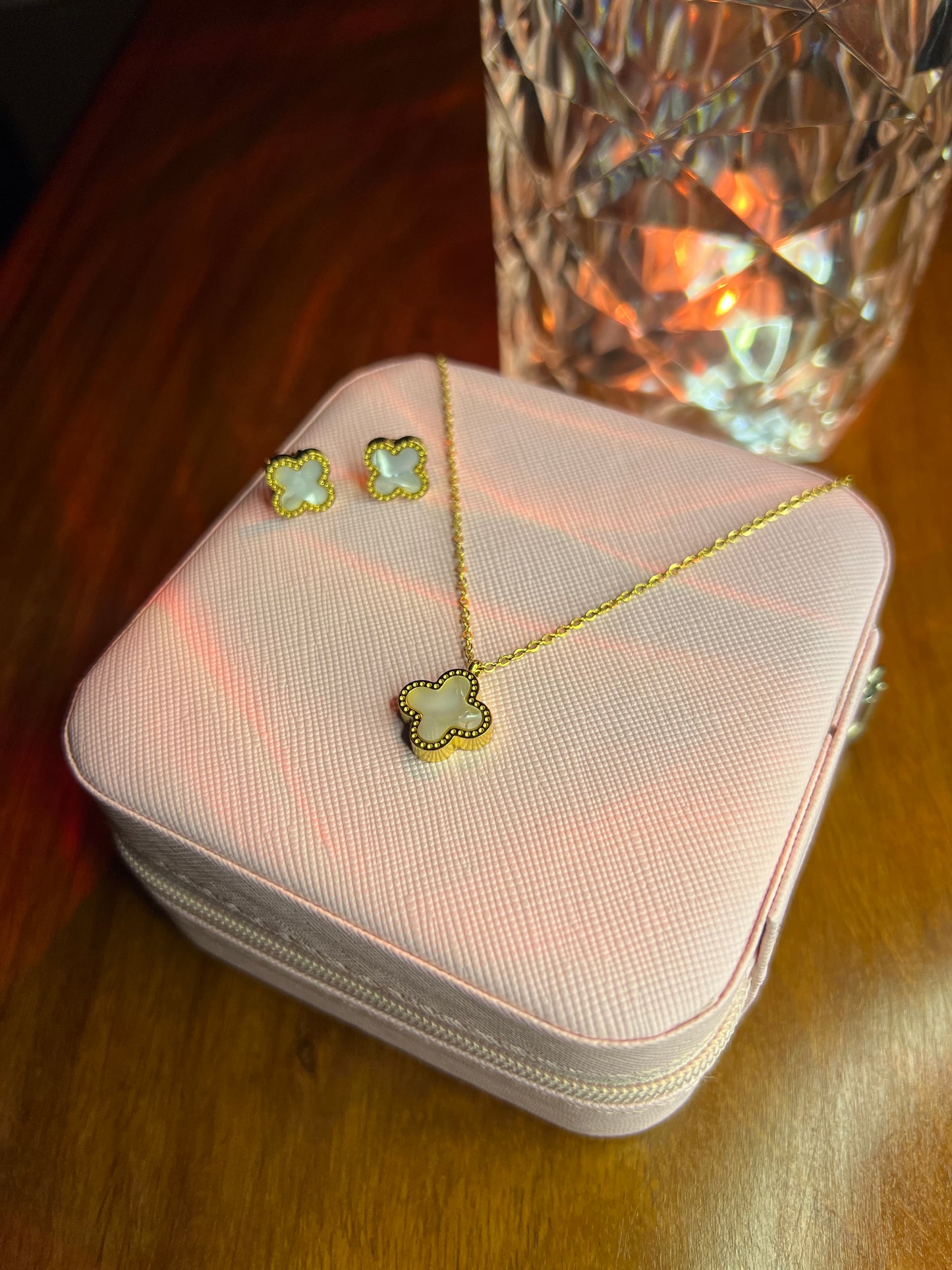 Premium Quality Stainless Steel 18k White Clover Necklace Earring Set