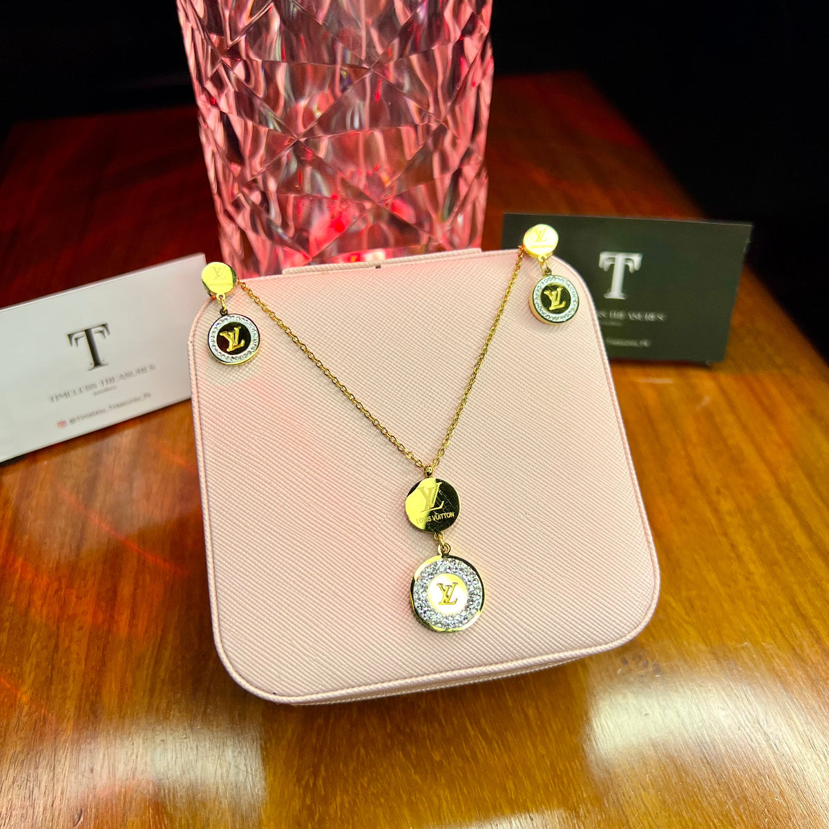 Premium Quality Stainless Steel 18k Lv Zircon Necklace Earring Set