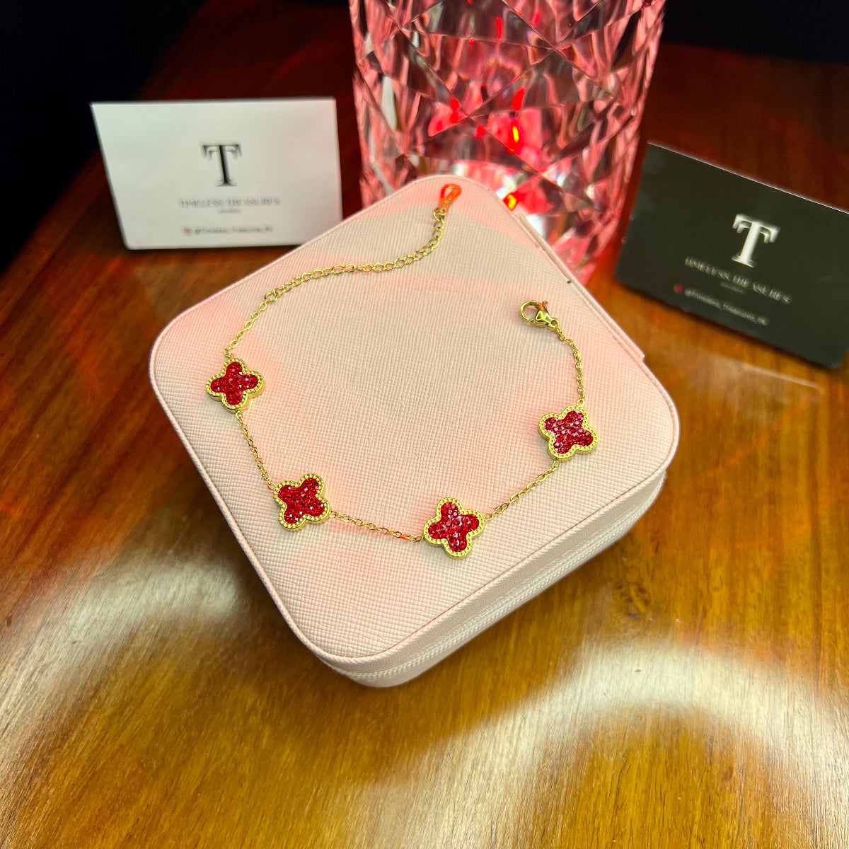 Premium Quality Stainless Steel 18k Red Clover Cystal Bracelet