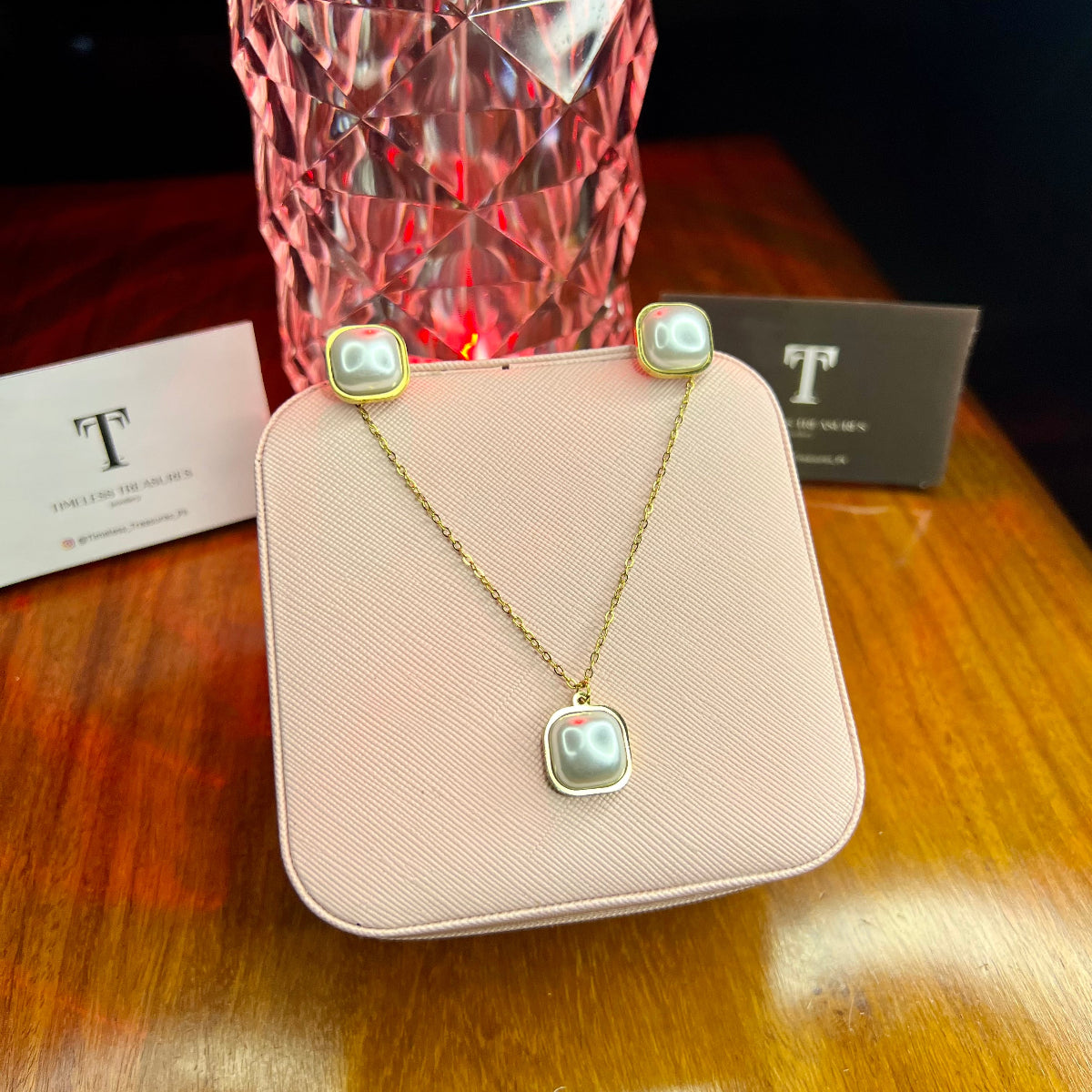 Premium Quality Stainless Steel 18k Pearl Necklace Earring Set