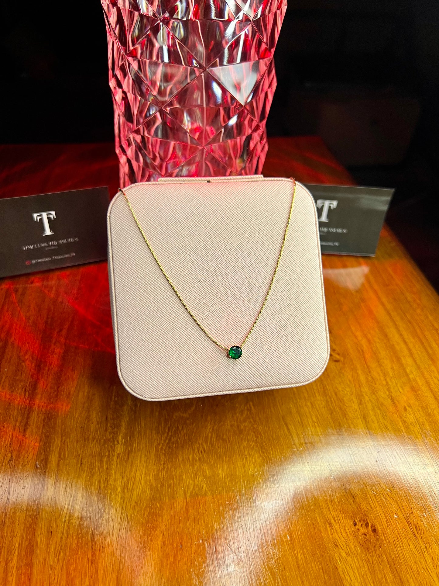 Premium Quality Stainless Steel 18k Green Stone Diamond Cut Necklace