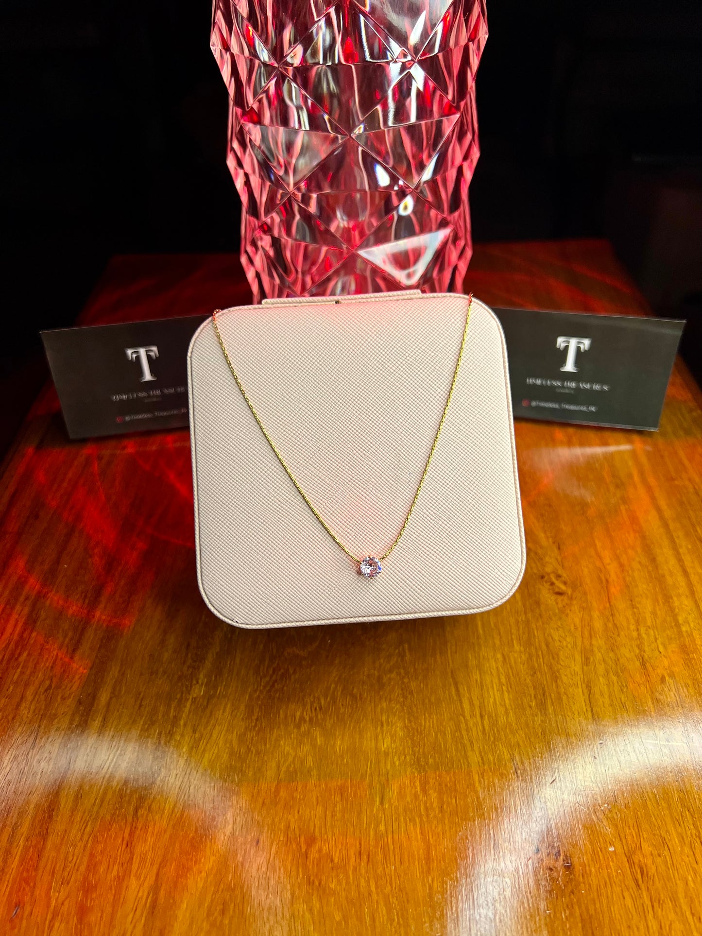 Premium Quality Stainless Steel 18k Pink Stone Diamond Cut Necklace