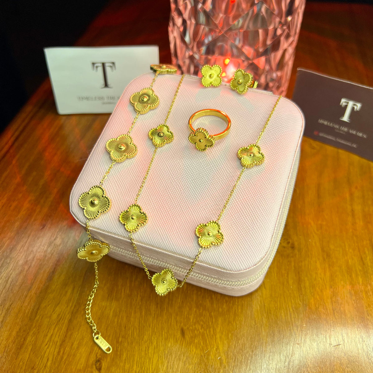 Premium Quality Stainless Steel 18k Gold Clover 4pc Set With 5 Clover Chain