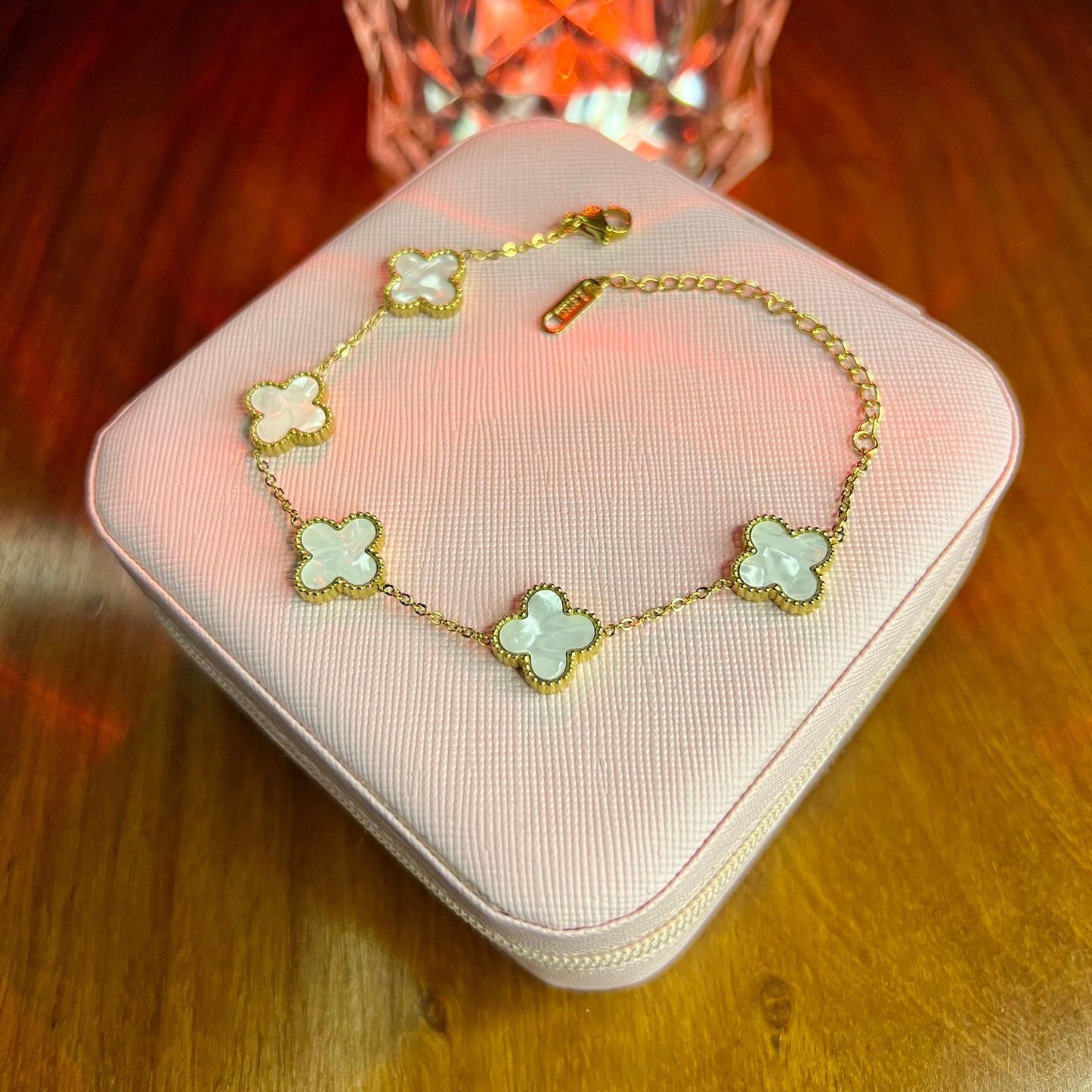 Premium Quality Stainless Steel 18k White Clover 5 Motifs Bracelet