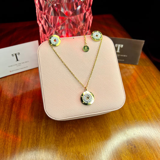 Premium Quality Stainless Steel 18k Lv Necklace Earring Set