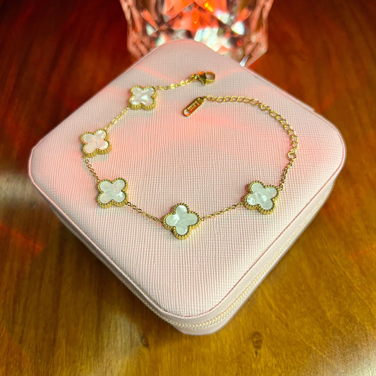 Premium Quality Stainless Steel 18k White Clover 5 Motifs Bracelet