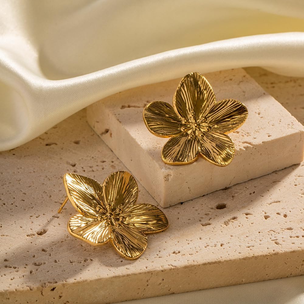 Premium Quality Stainless Steel 18k Gold Flower Textured Earrings