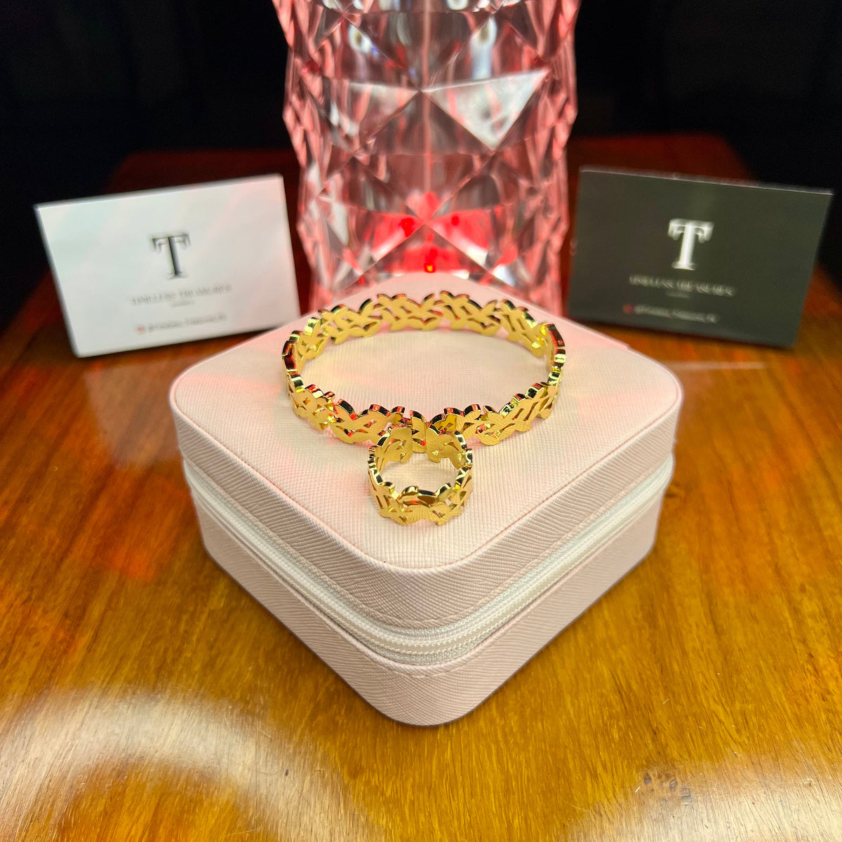Premium Quality Stainless Steel 18k Branco Handcuff and Ring Set