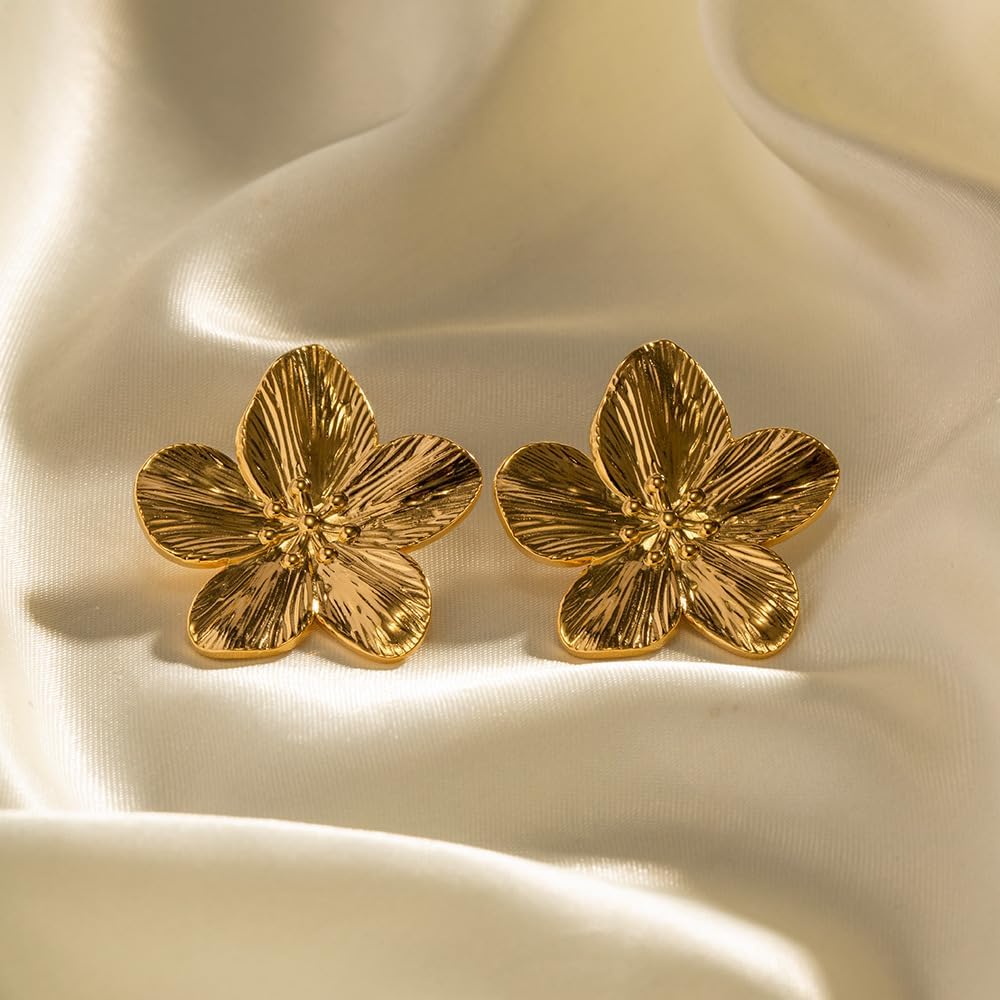 Premium Quality Stainless Steel 18k Gold Flower Textured Earrings