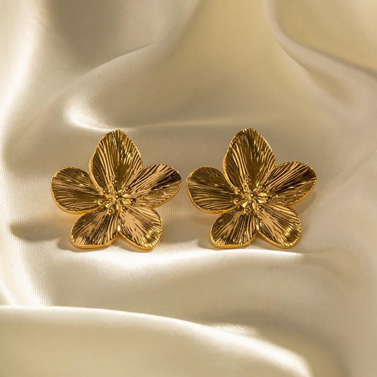 Premium Quality Stainless Steel 18k Gold Flower Textured Earrings