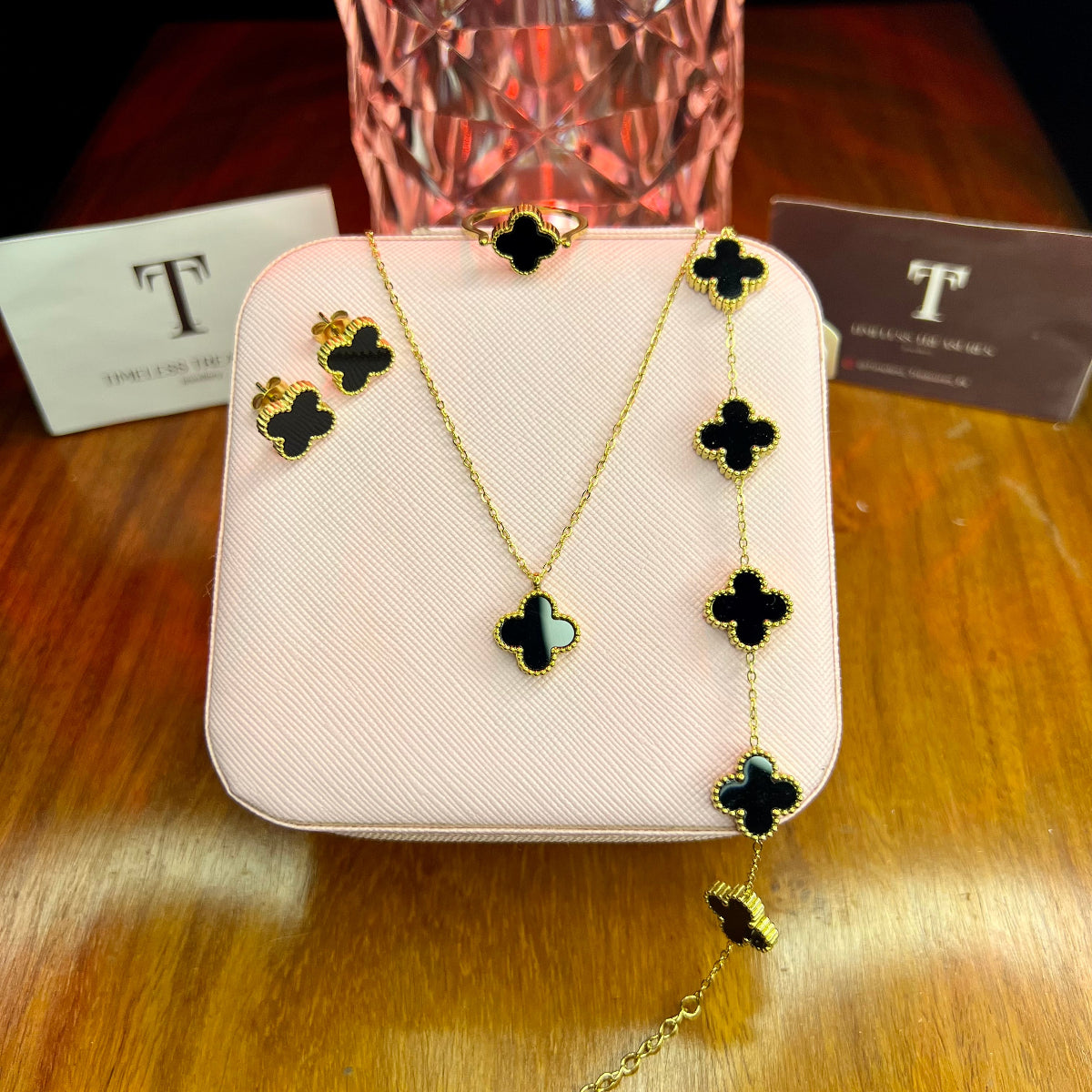 Premium Quality Stainless Steel 18k Black Clover 4pc Set