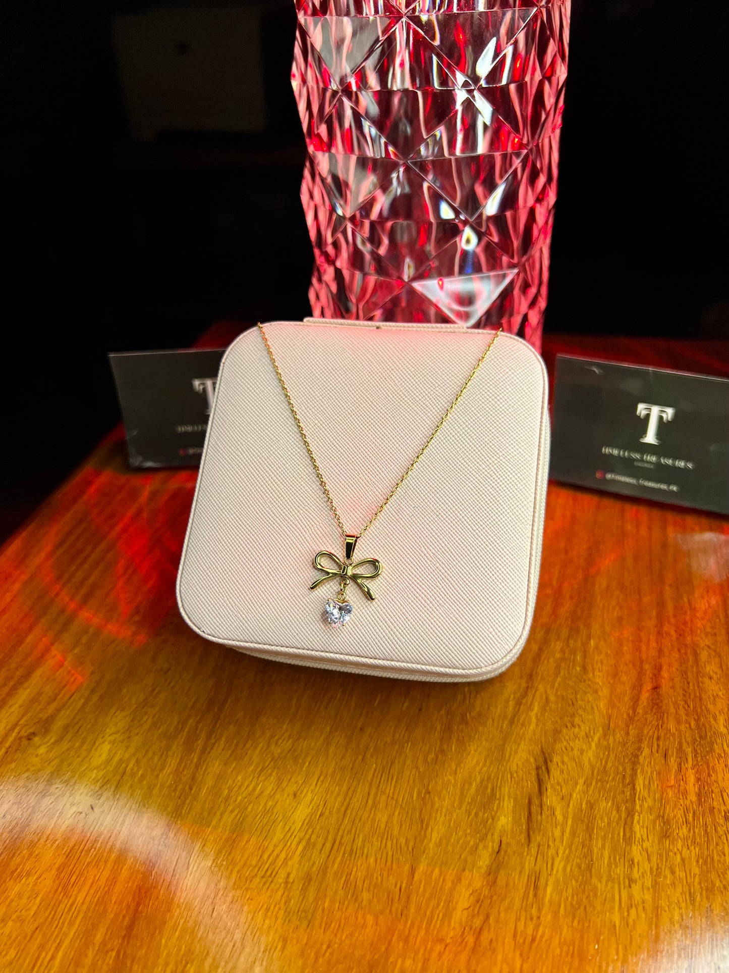 Premium Quality Stainless Steel 18k Bow Heart Stone Necklace