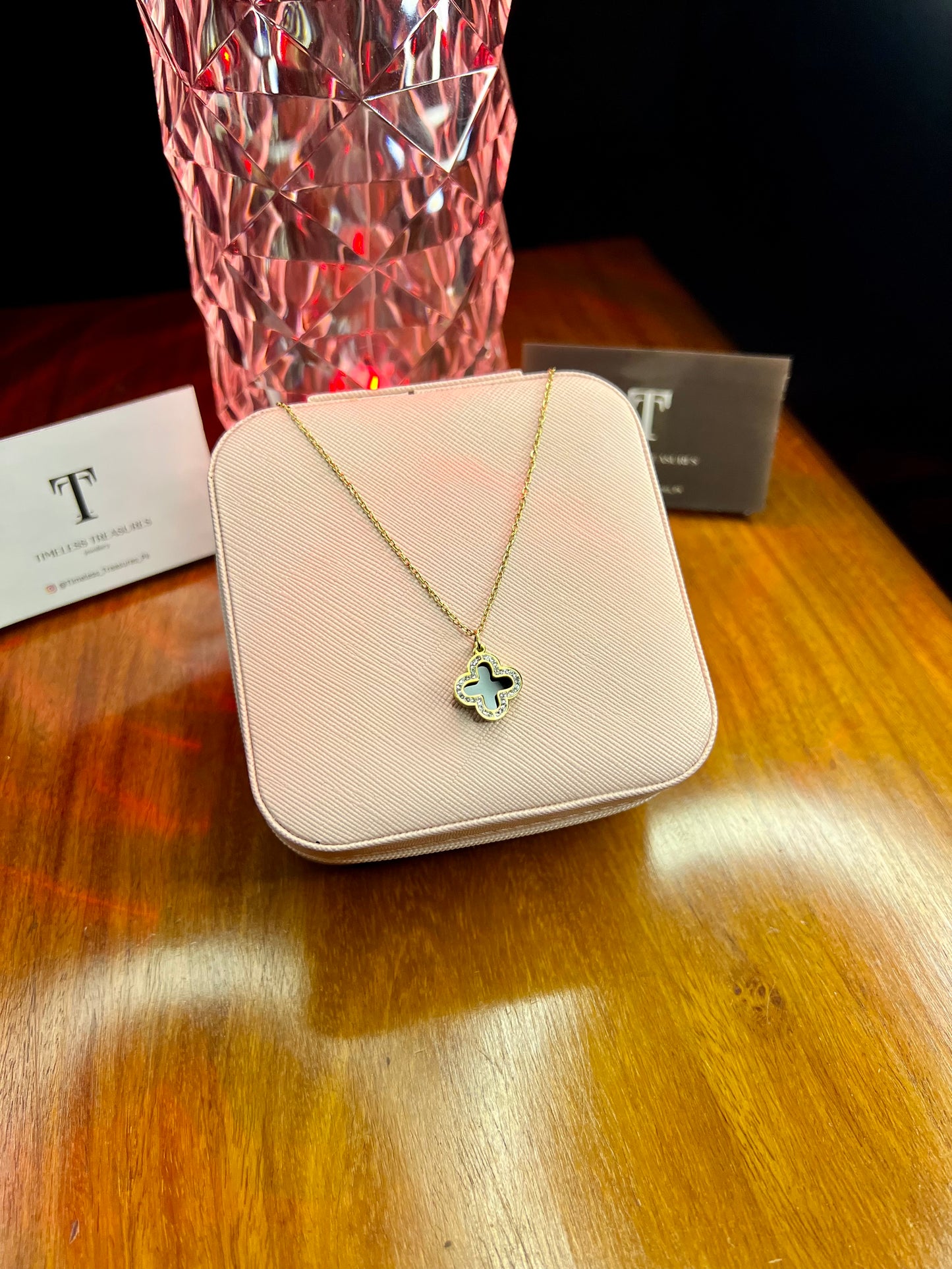 Premium Quality Stainless Steel 18k Black Clover Flip Duo Necklace