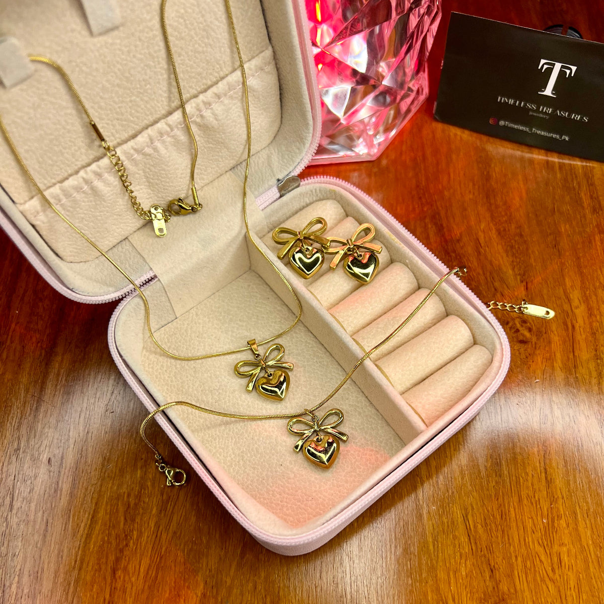 Premium Quality Stainless Steel 18k Golden Heart x Bow Luxury 3pc Set.