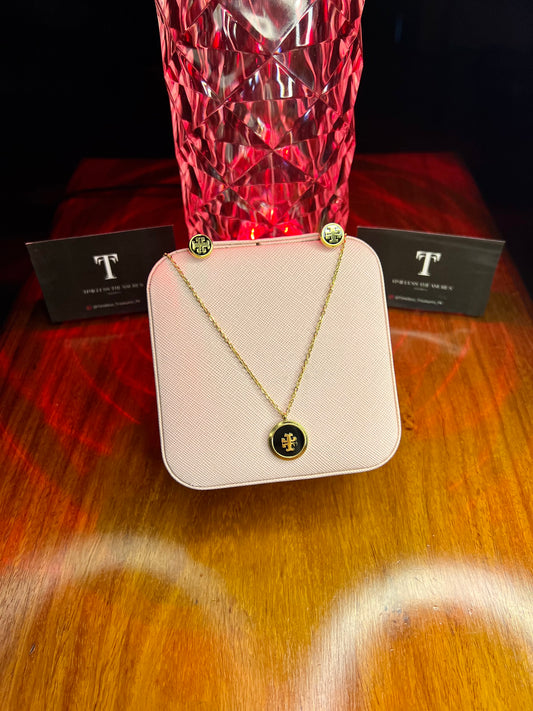 Premium Quality Stainless Steel 18k Black n Gold Tory Necklace Earring Set