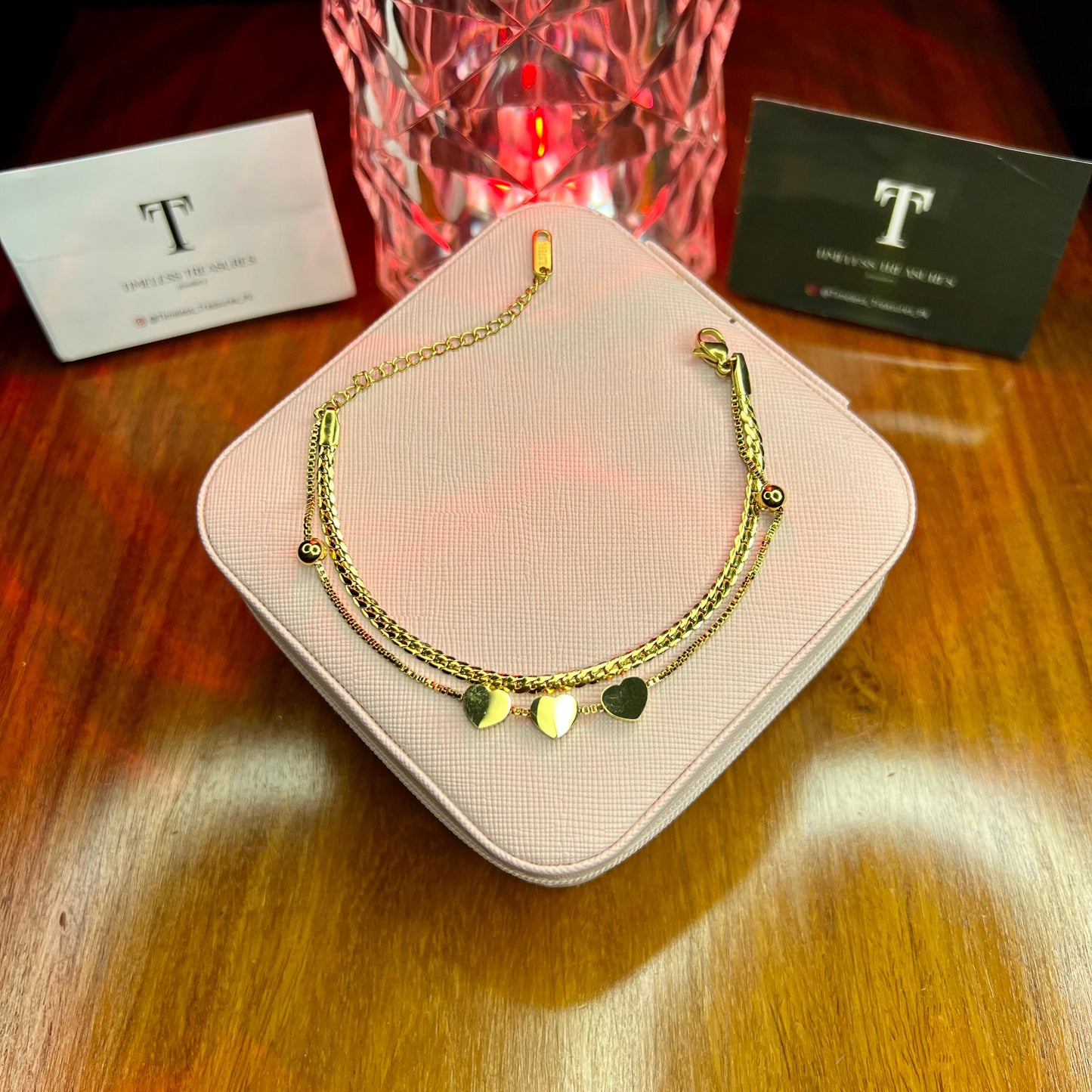 Premium Quality Stainless Steel 18k Golden Tri Heart Double Chain Luxury Bracelet