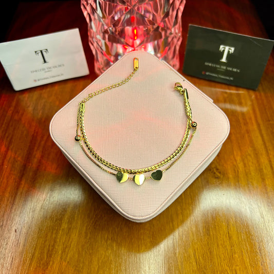 Premium Quality Stainless Steel 18k Golden Tri Heart Double Chain Luxury Bracelet