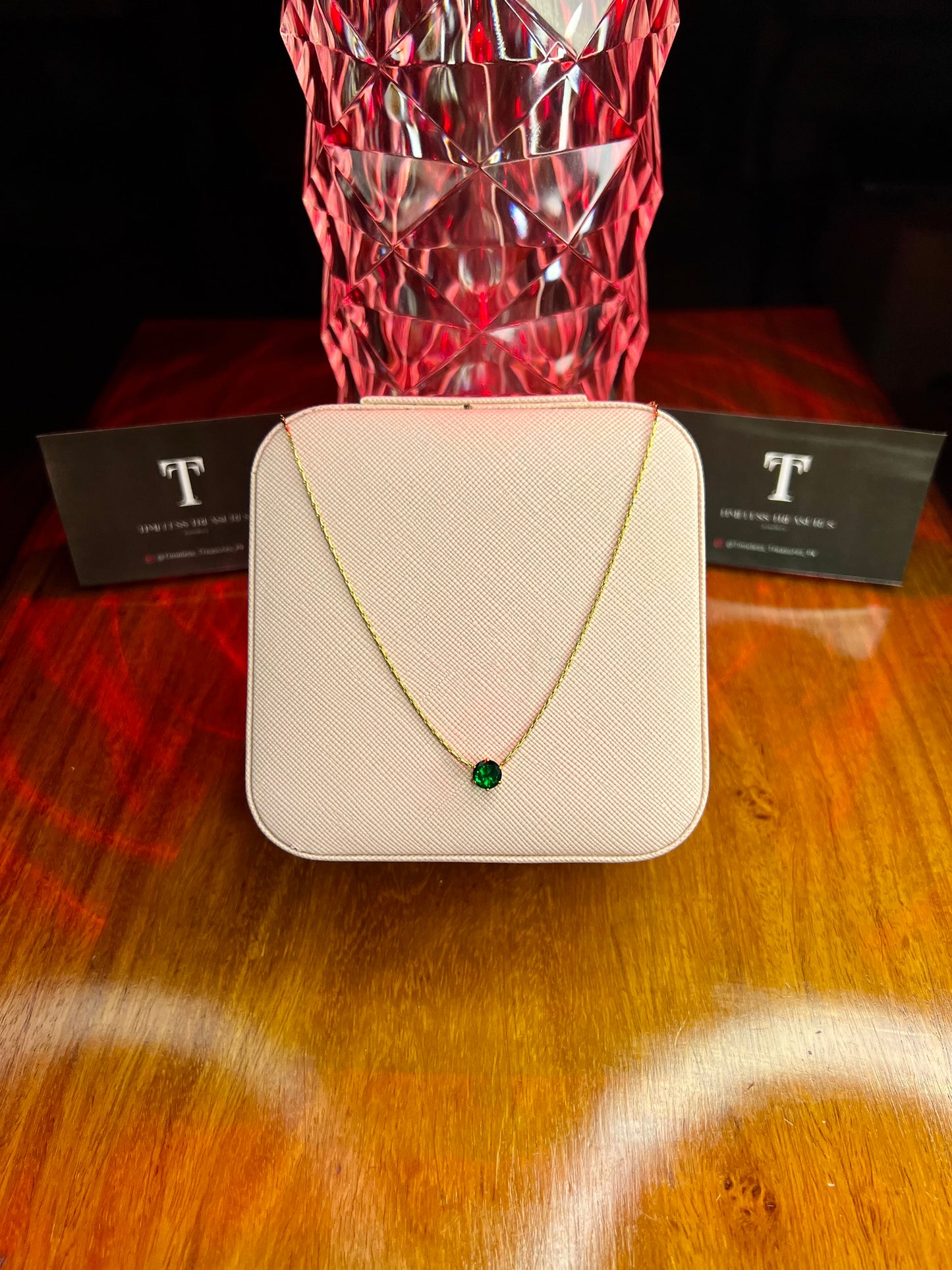 Premium Quality Stainless Steel 18k Green Stone Diamond Cut Necklace