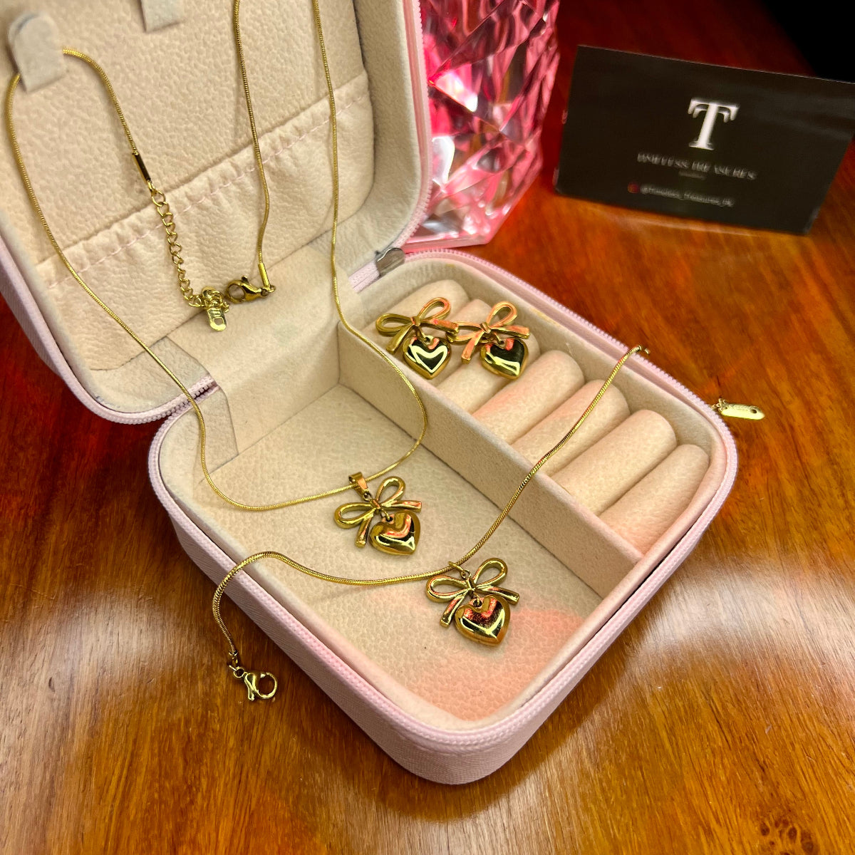 Premium Quality Stainless Steel 18k Golden Heart x Bow Luxury 3pc Set.