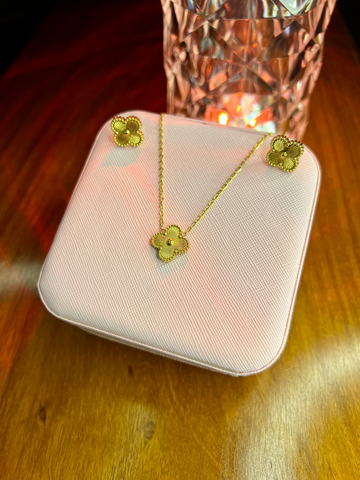 Premium Quality Stainless Steel 18k Golden Clover Necklace Earring Set