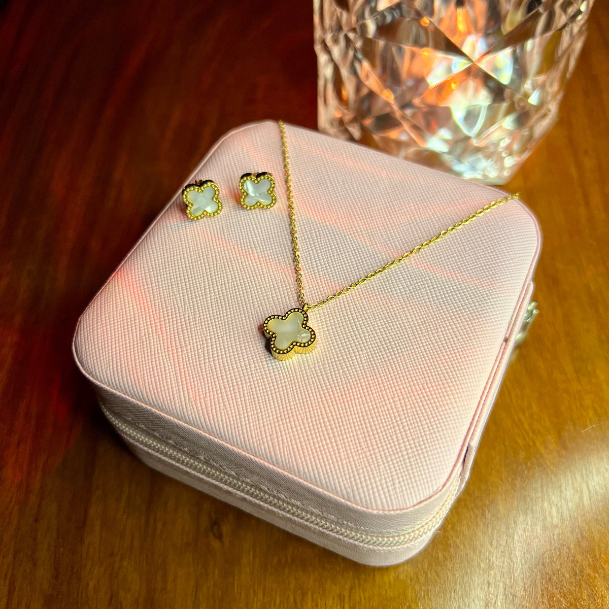 Premium Quality Stainless Steel 18k White Clover Necklace Earring Set