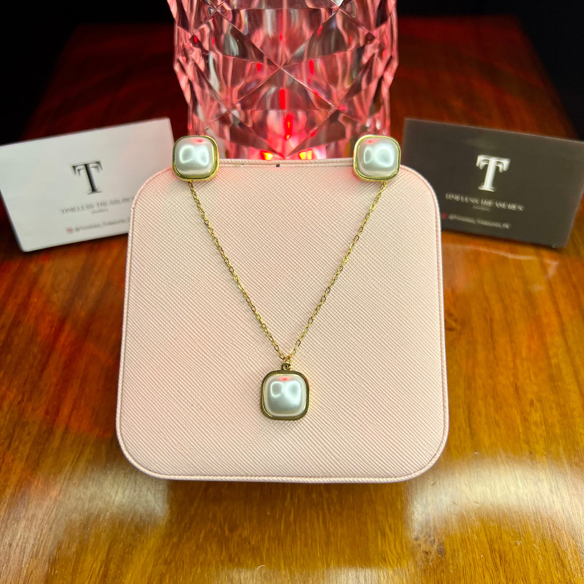 Premium Quality Stainless Steel 18k Pearl Necklace Earring Set