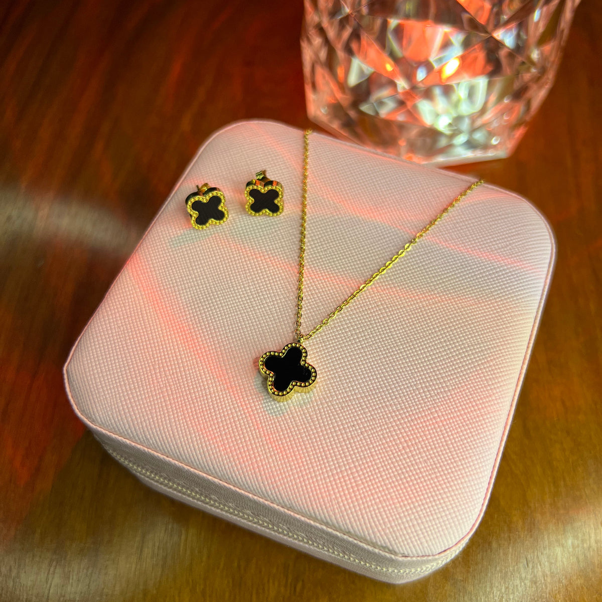 Premium Quality Stainless Steel 18k Black Clover Necklace Earring Set