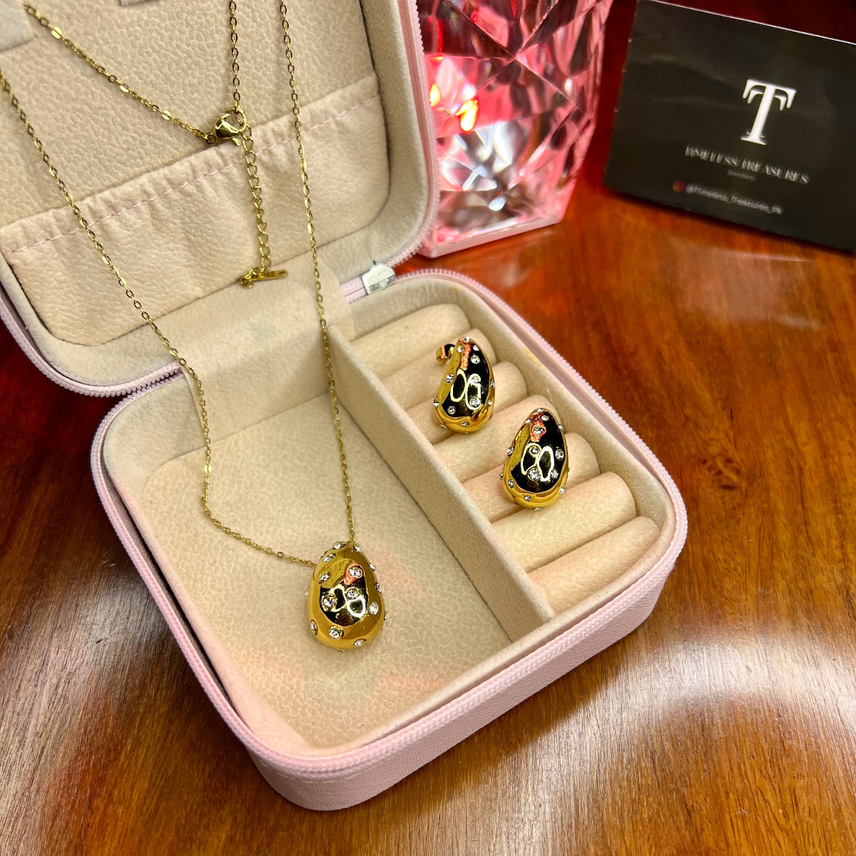 Premium Quality Stainless Steel 18k Drop Zircon Necklace Earring Set