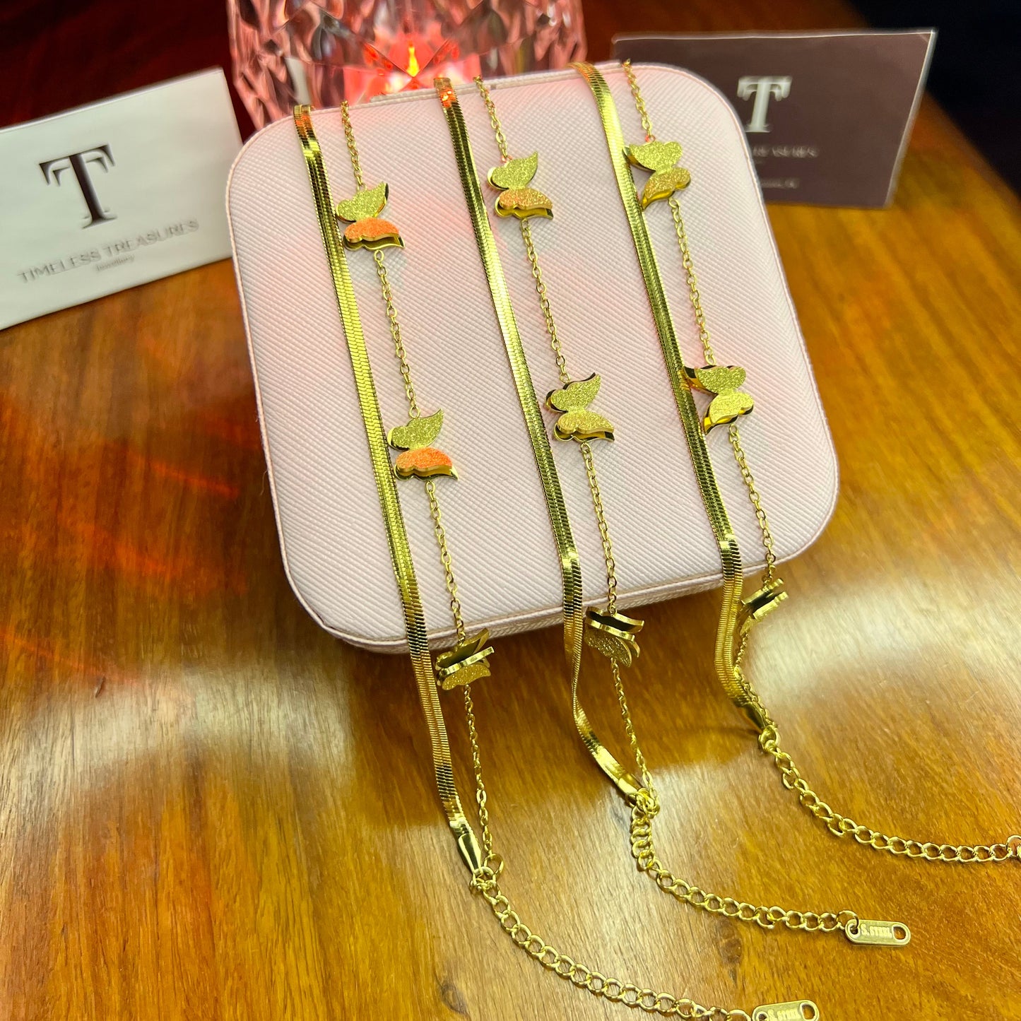 Premium Quality Stainless Steel 18k Butterfly Double Chain Bracelet