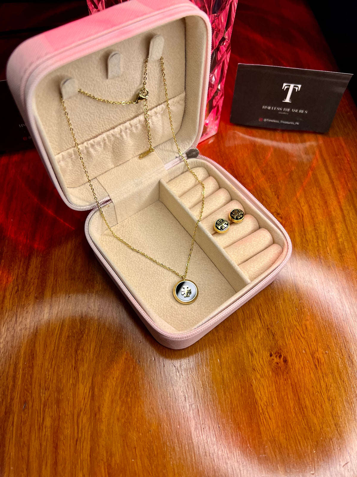 Premium Quality Stainless Steel 18k Black n Gold Tory Necklace Earring Set