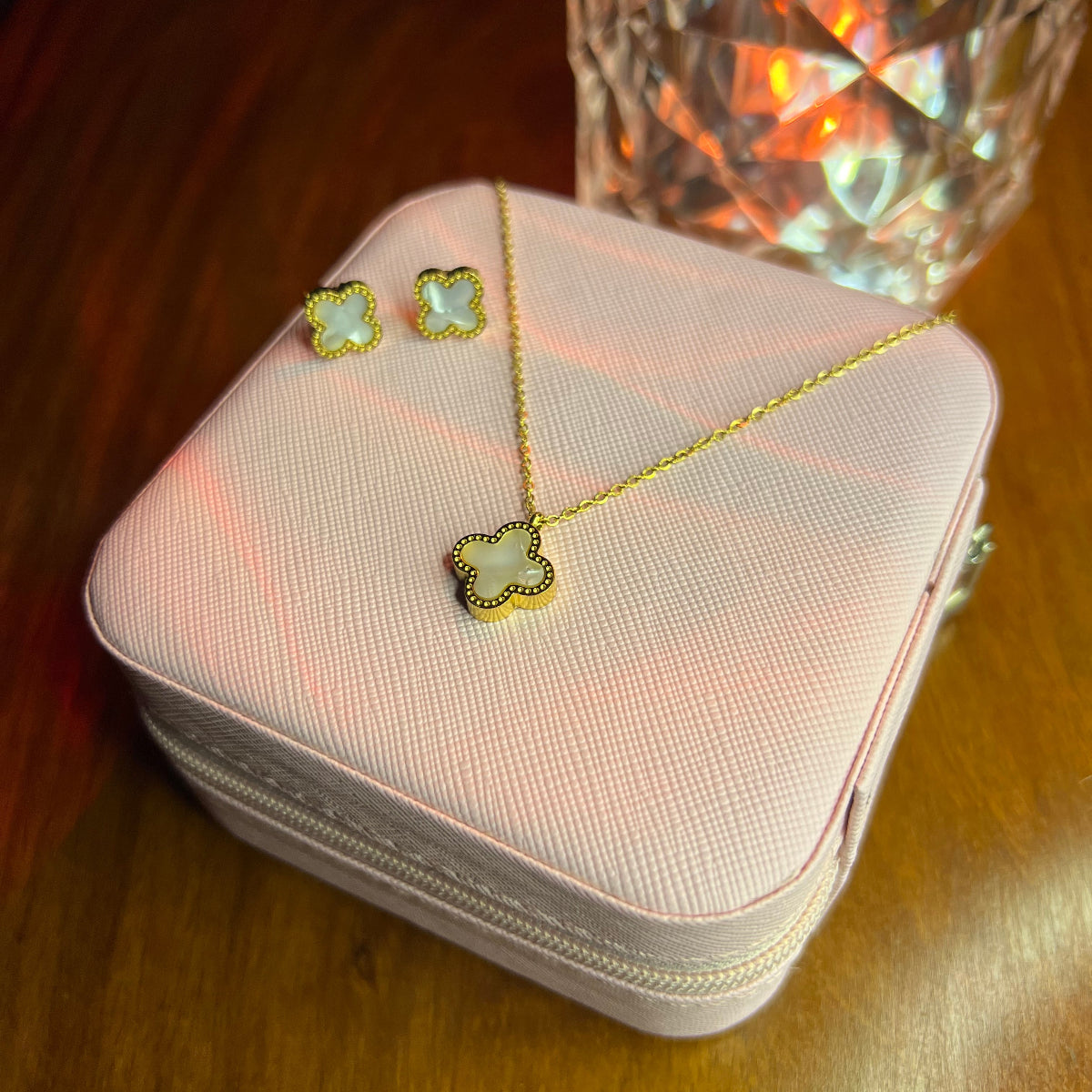 Premium Quality Stainless Steel 18k White Clover Necklace Earring Set