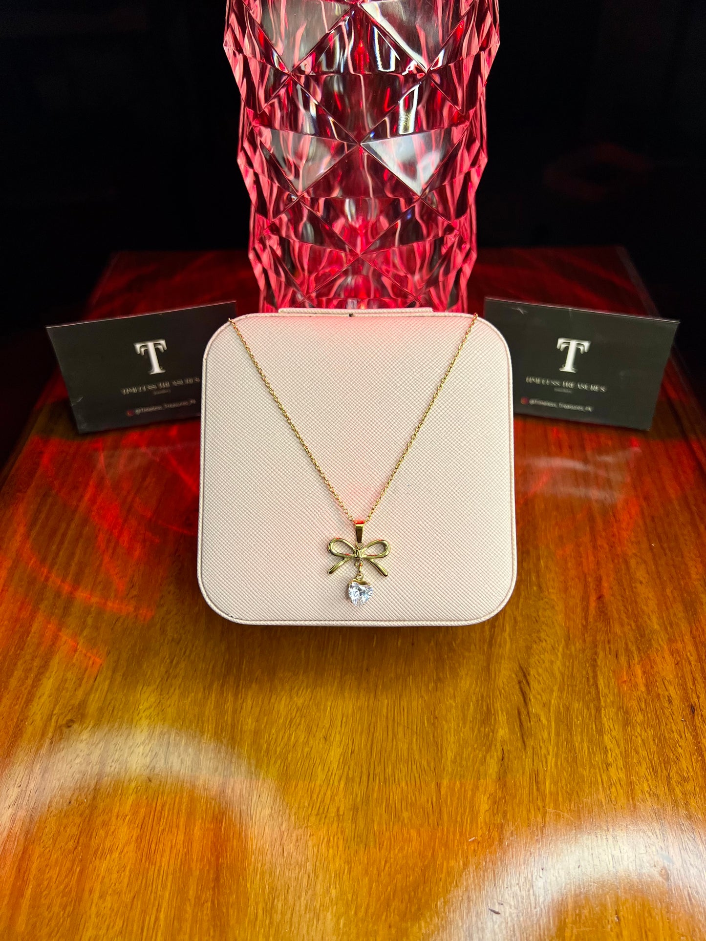 Premium Quality Stainless Steel 18k Bow Heart Stone Necklace
