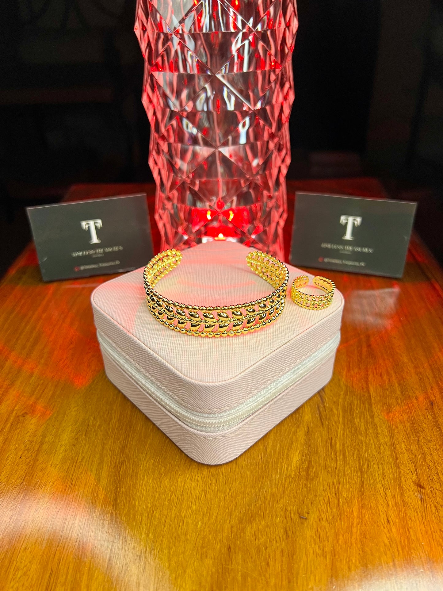 Premium Quality Stainless Steel 18k Golden Ember Handcuff and Ring Set