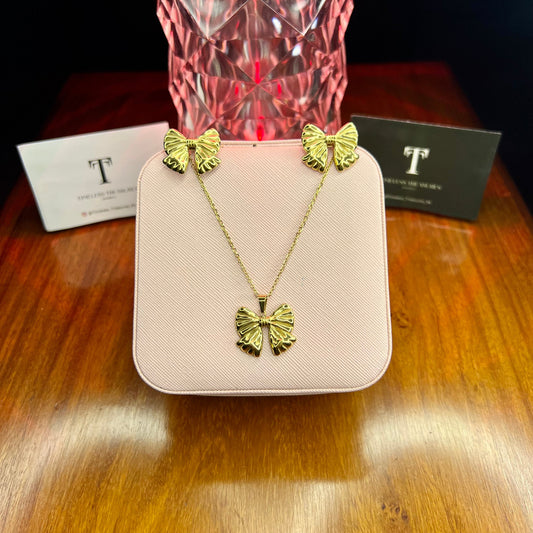 Premium Quality Stainless Steel 18k 🎀 Bow Necklace Earring Set