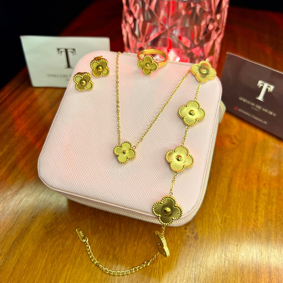 Premium Quality Stainless Steel 18k Golden Clover 4pc Set