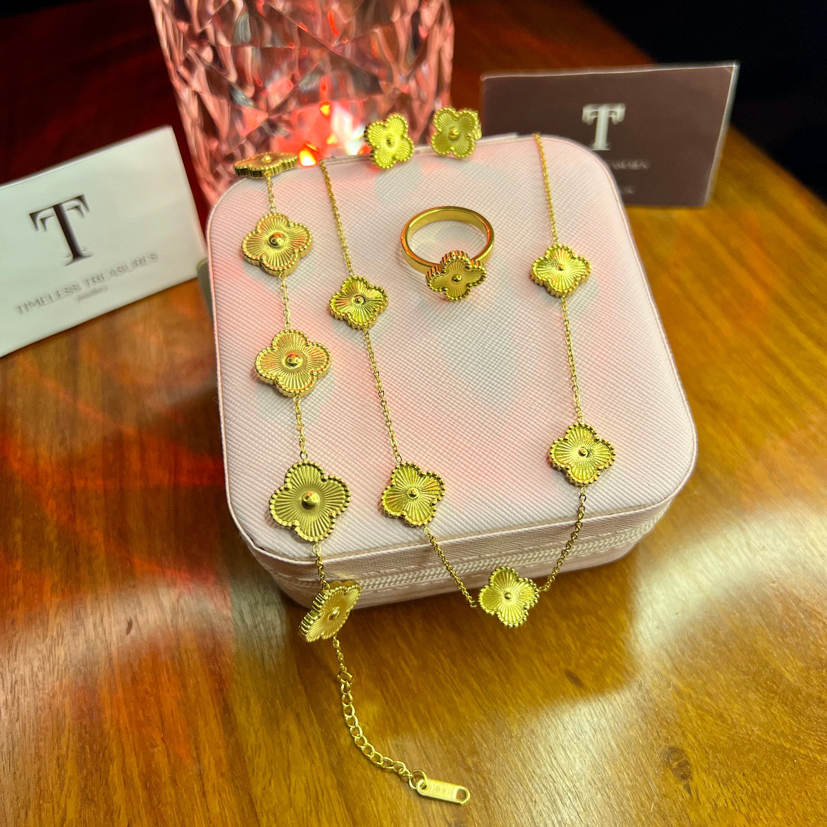 Premium Quality Stainless Steel 18k Gold Clover 4pc Set With 5 Clover Chain