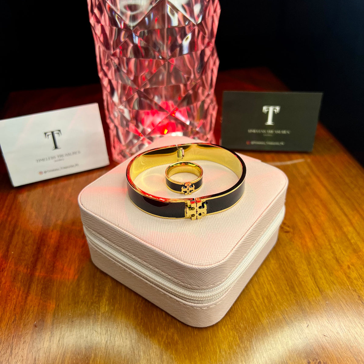 Premium Quality Stainless Steel 18k Tory Black Handcuff + Ring Set