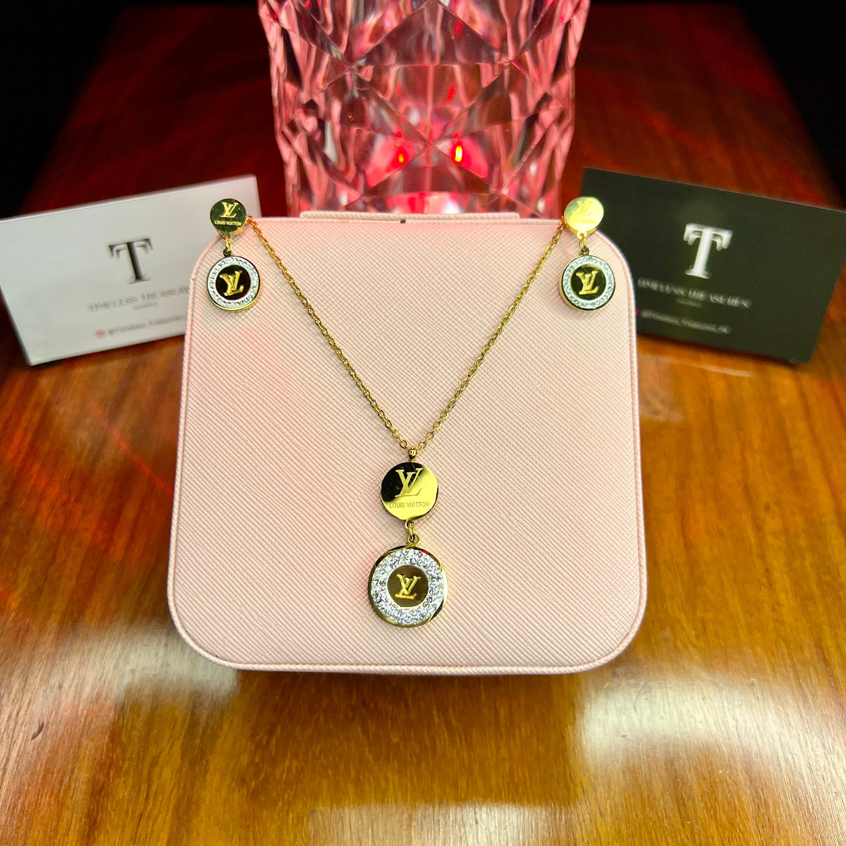 Premium Quality Stainless Steel 18k Lv Zircon Necklace Earring Set