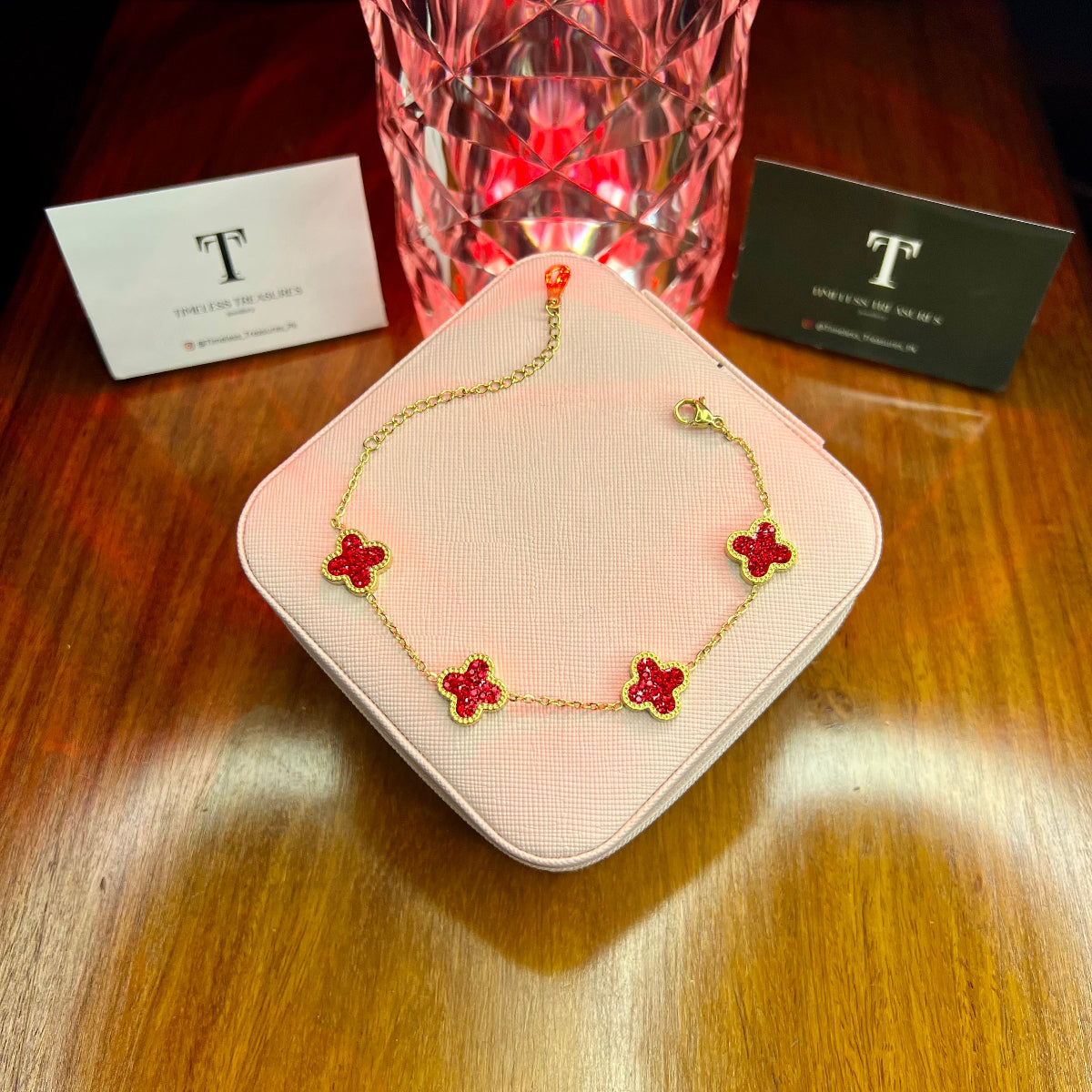 Premium Quality Stainless Steel 18k Red Clover Cystal Bracelet