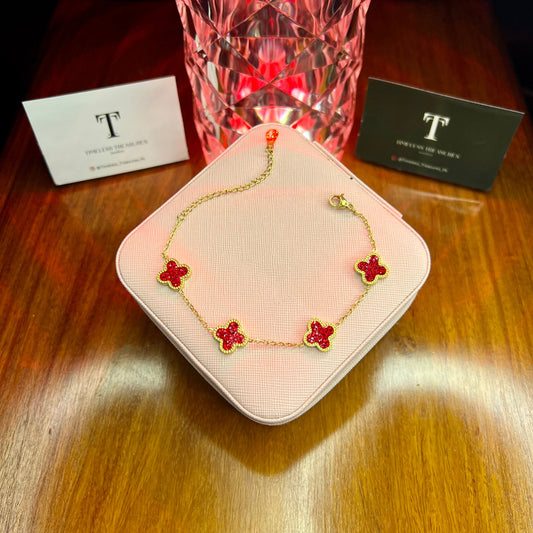 Premium Quality Stainless Steel 18k Red Clover Cystal Bracelet