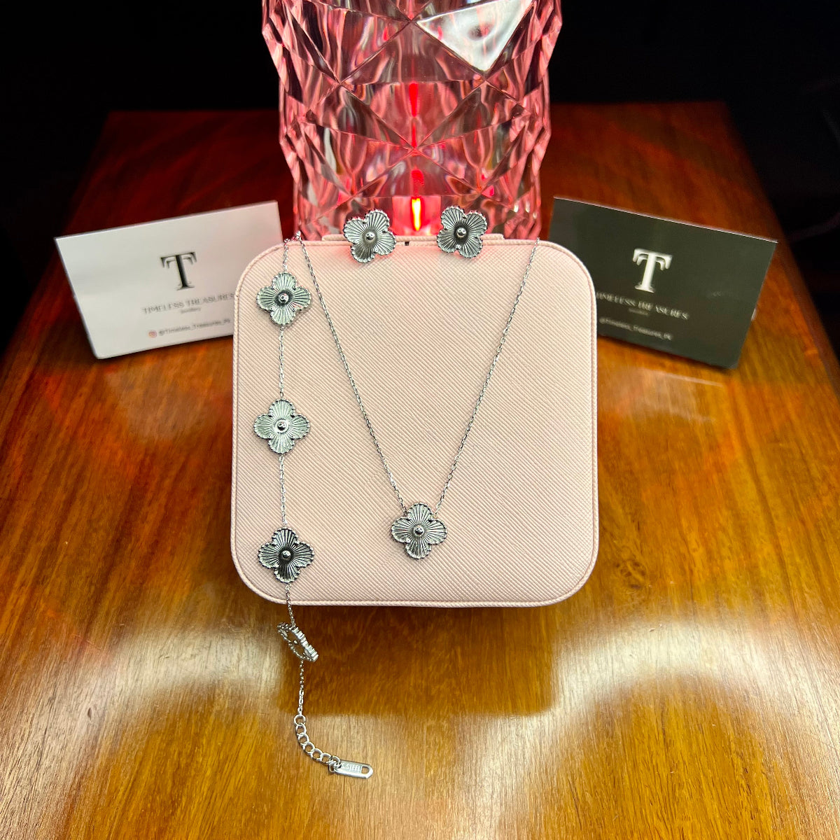 Premium Quality Stainless Steel 18k Silver Clover 3pc Set