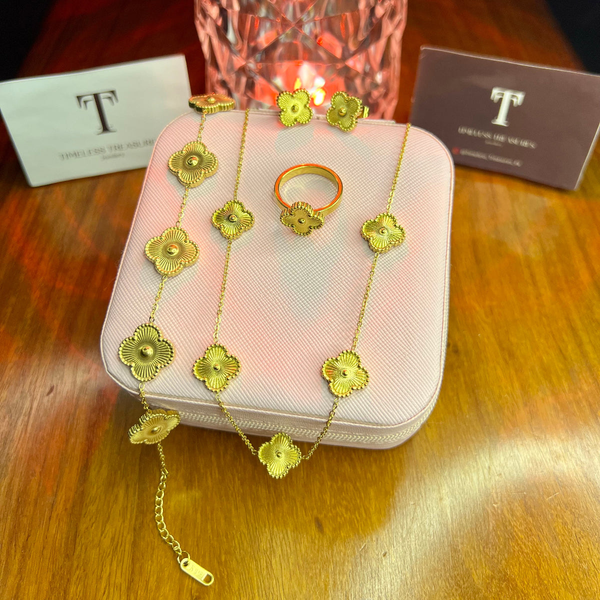 Premium Quality Stainless Steel 18k Gold Clover 4pc Set With 5 Clover Chain