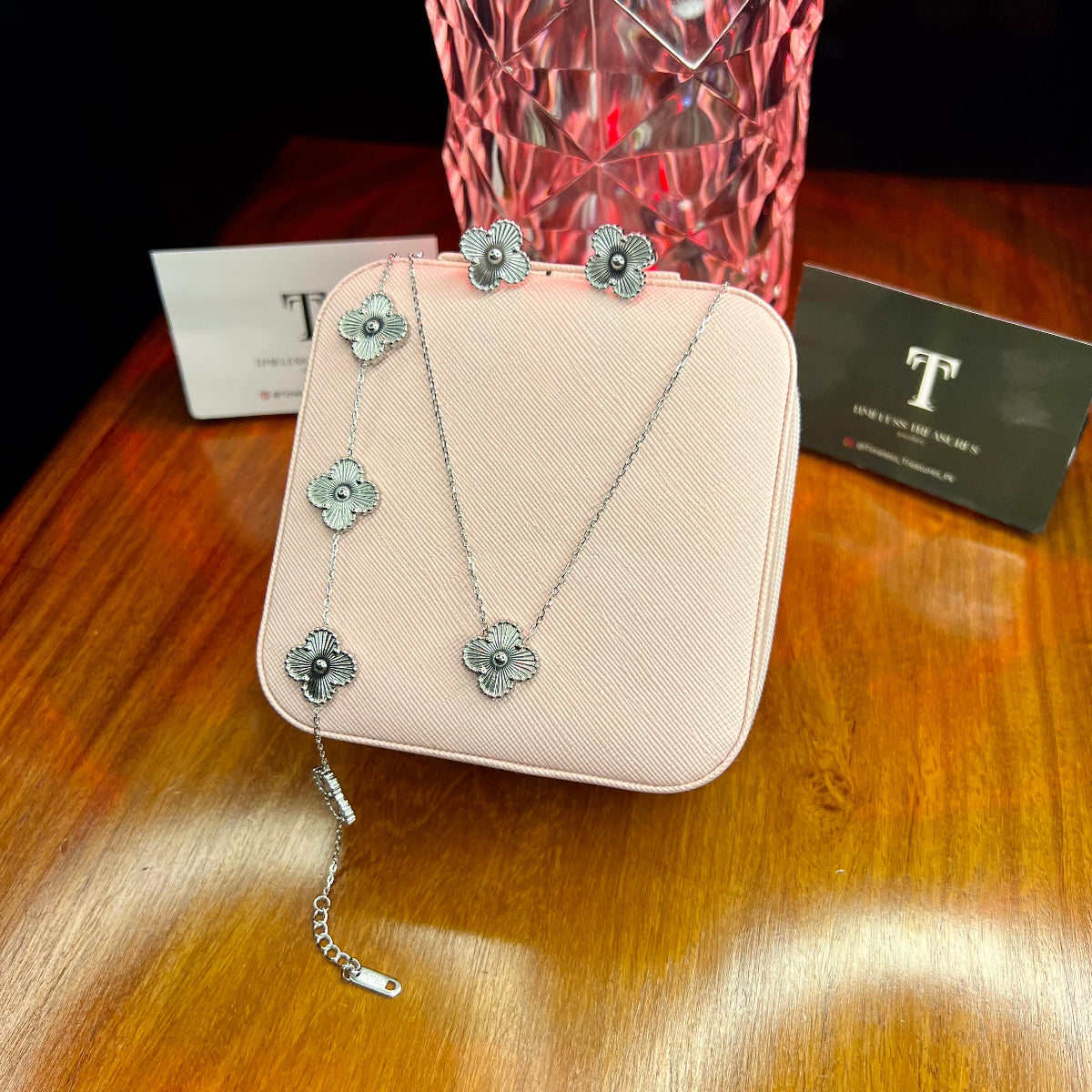 Premium Quality Stainless Steel 18k Silver Clover 3pc Set