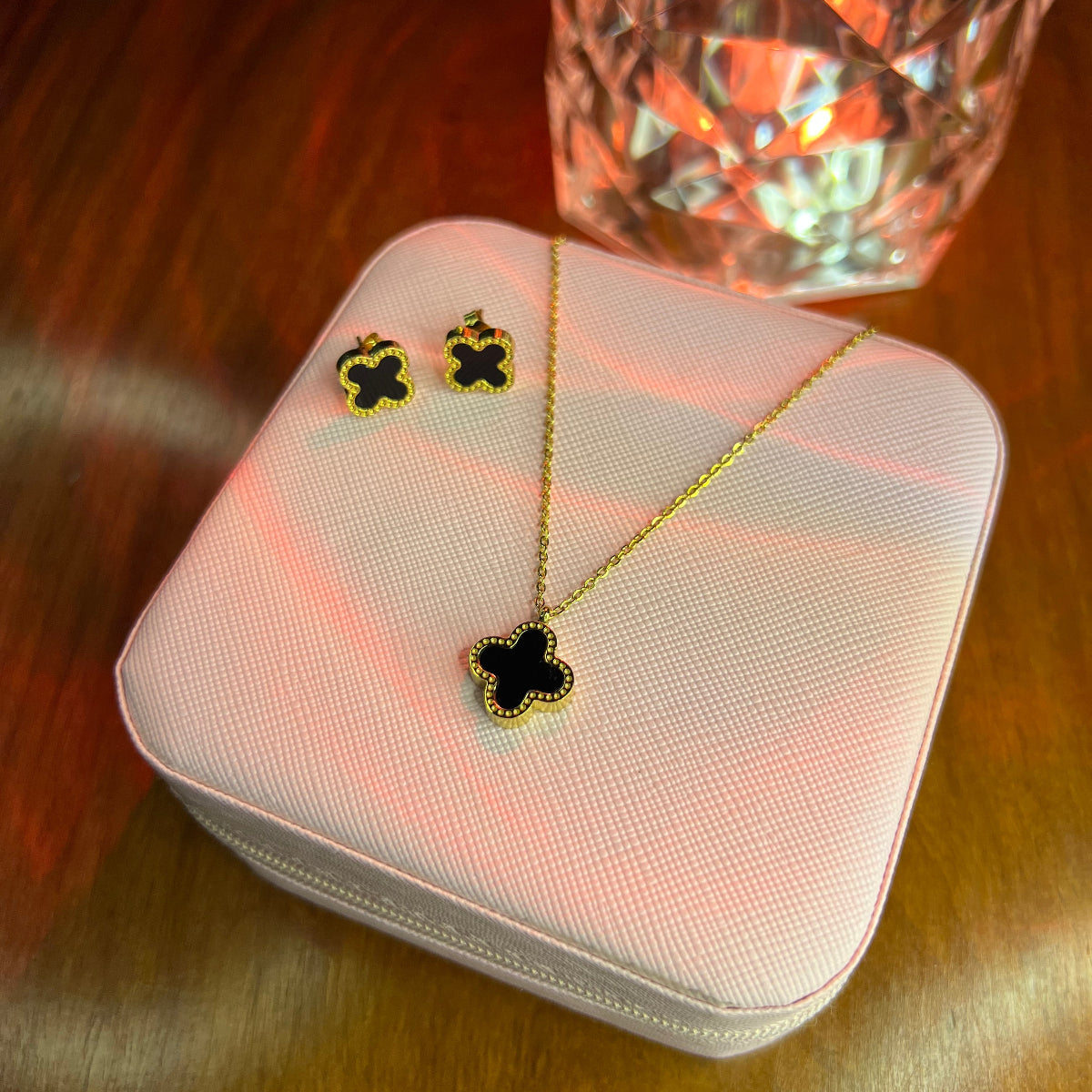 Premium Quality Stainless Steel 18k Black Clover Necklace Earring Set