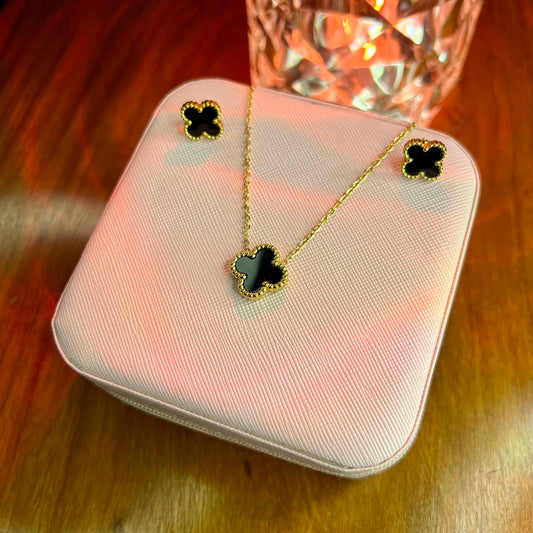 Premium Quality Stainless Steel 18k Black Clover Necklace Earring Set